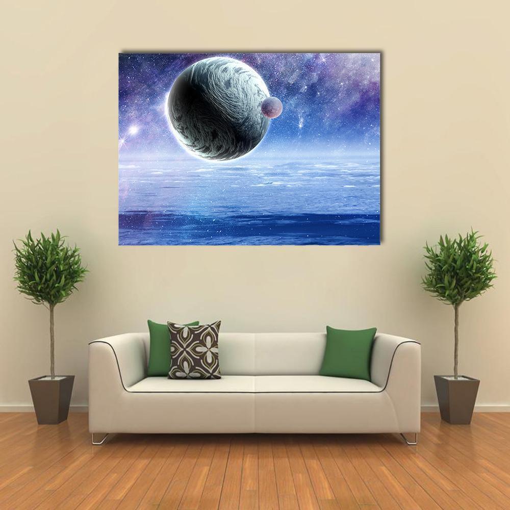 Space Planets and Starry Sky Canvas Wall Art in white, blue and purple, single panel hung on a wall