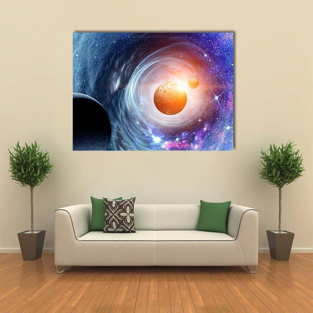 Glowing Orange Planet and Cosmic Vortex Canvas Wall Art in orange, blue and purple, single panel hung on a wall