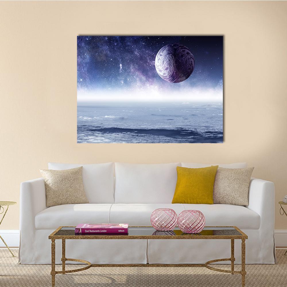 Swirling Purple Planet and Dense Starfield Canvas Wall Art in white, blue and purple, single panel hung on a wall