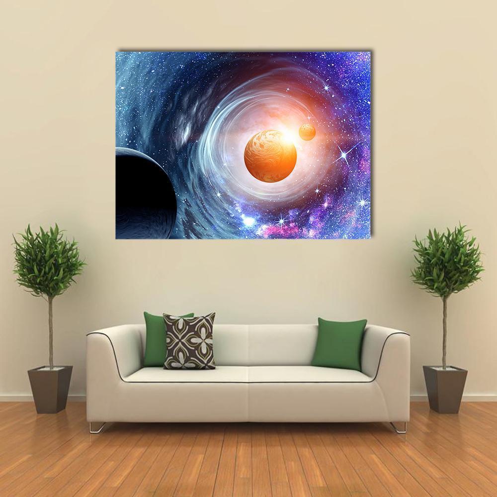 Space Planets &amp; Starry Sky Canvas Wall Art-1 Piece-Gallery Wrap-48" x 32"-Tiaracle