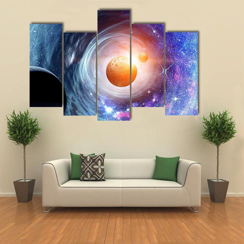 Space Planets &amp; Starry Sky Canvas Wall Art-5 Pop-Gallery Wrap-47" x 32"-Tiaracle