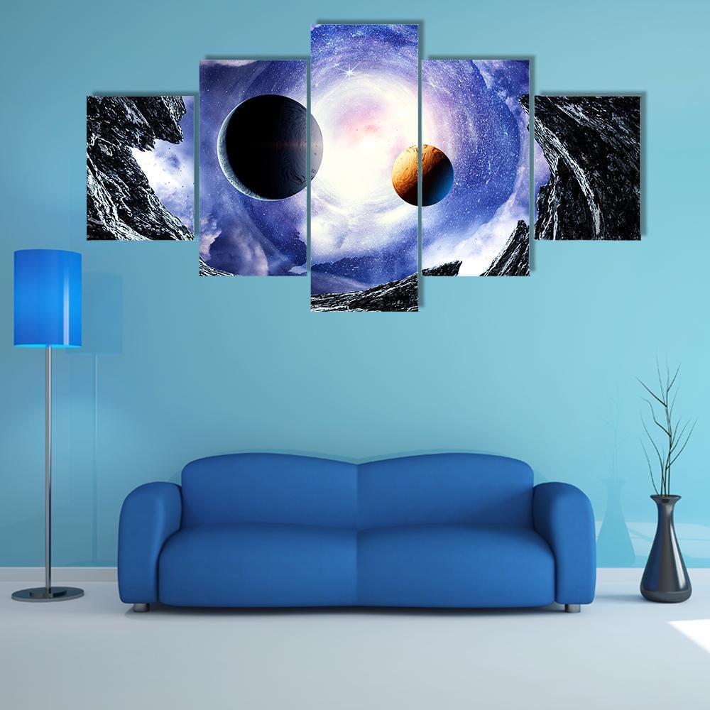 Space Planets And Starry Sky Canvas Wall Art-5 Star-Gallery Wrap-62" x 32"-Tiaracle