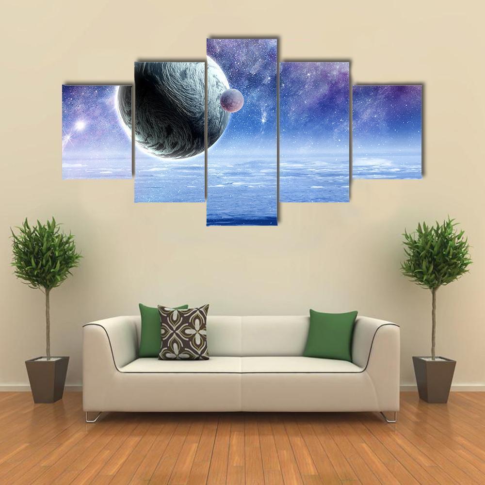Space Planets And Starry Sky Canvas Wall Art-5 Star-Gallery Wrap-62" x 32"-Tiaracle