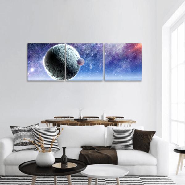 Swirling Planet and Starry Sky Panoramic Canvas Wall Art in white, blue and purple, hung on a wall