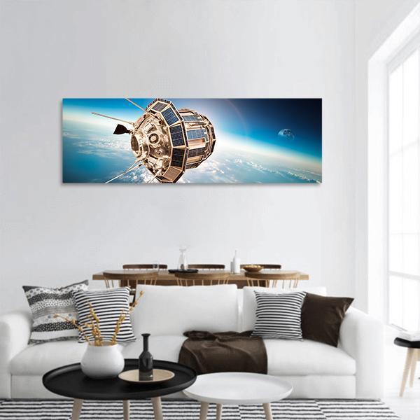 Space Satellite Orbiting The Earth Panoramic Canvas Wall Art-1 Piece-36" x 12"-Tiaracle
