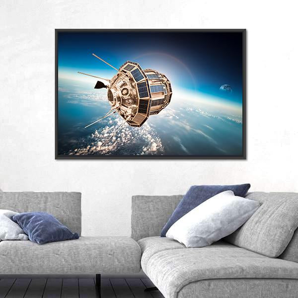 Space Satellite Orbiting The Earth Panoramic Canvas Wall Art-1 Piece-36" x 12"-Tiaracle