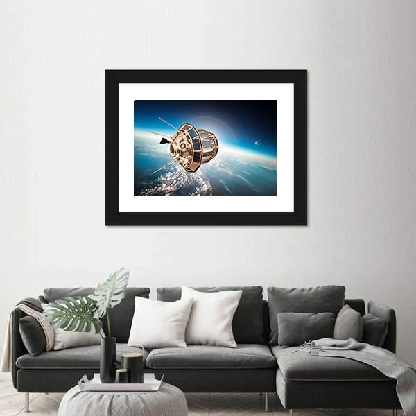 Space Satellite Orbiting The Earth Panoramic Canvas Wall Art-1 Piece-36" x 12"-Tiaracle