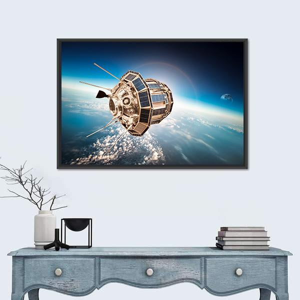 Space Satellite Orbiting The Earth Panoramic Canvas Wall Art-1 Piece-36" x 12"-Tiaracle