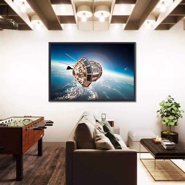 Space Satellite Orbiting The Earth Panoramic Canvas Wall Art-1 Piece-36" x 12"-Tiaracle
