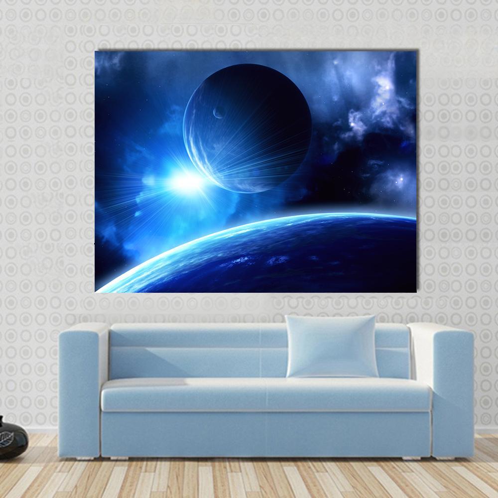 Planets and Nebula Canvas Wall Art in black, blue and navy, single panel hung on a wall