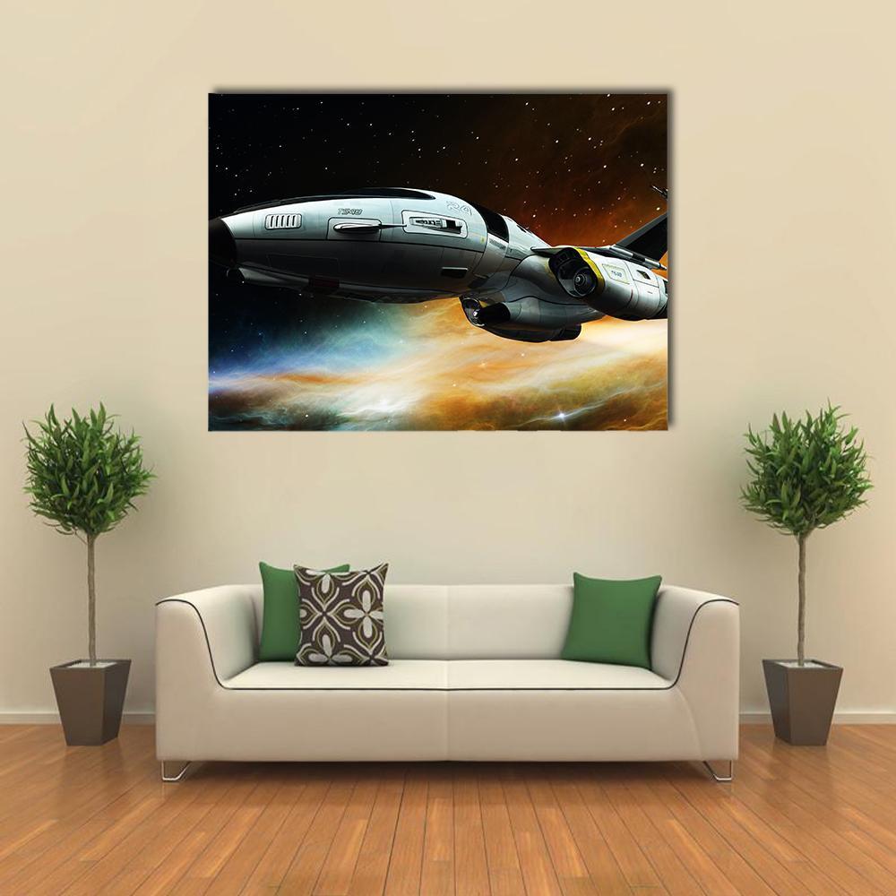 Yellow-accented Spacecraft Over Nebula Canvas Wall Art in black, orange and yellow, single panel hung on a wall