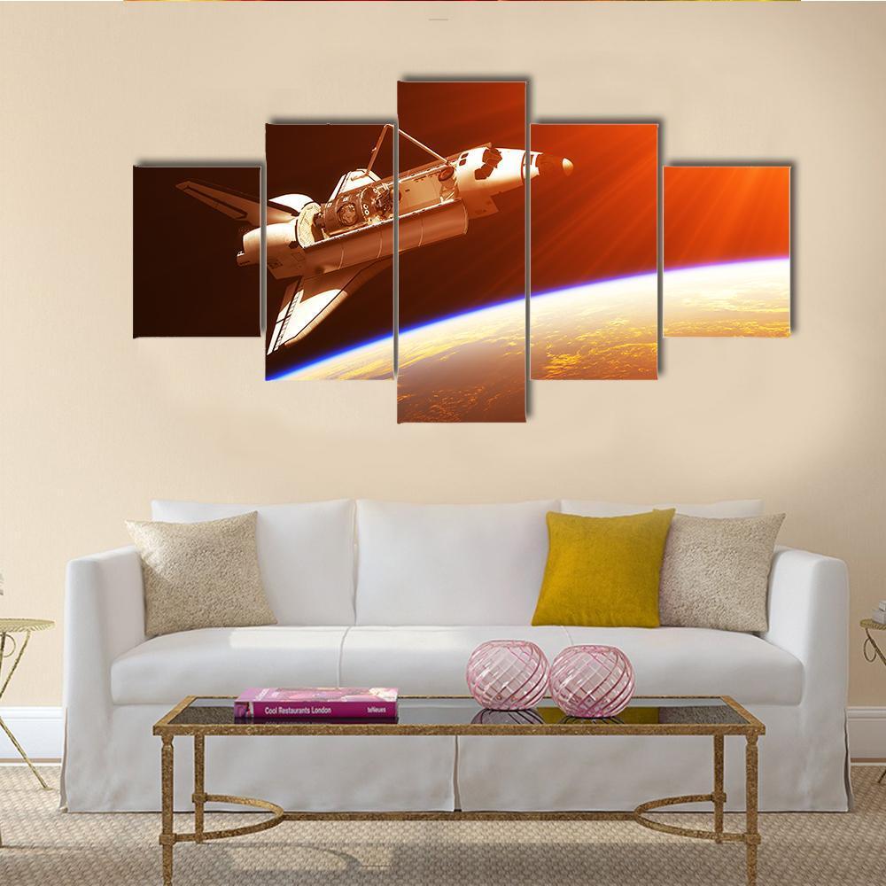 Space Shuttle In Rising Sun Canvas Wall Art-5 Star-Gallery Wrap-62" x 32"-Tiaracle