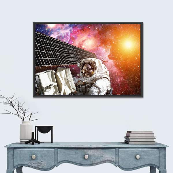 Space Station And Astronaut In Outer Space Over The Planet Earth Canvas Wall Art-1 Piece-Floating Frame-24" x 16"-Tiaracle