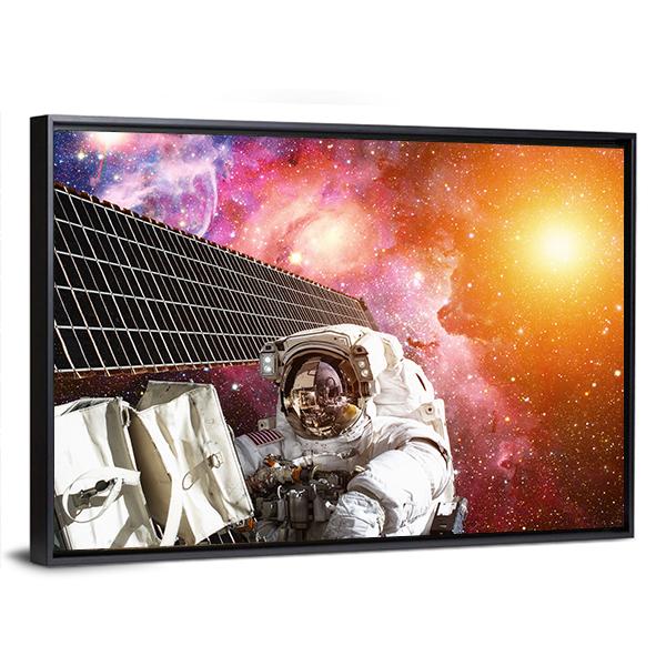 Space Station And Astronaut In Outer Space Over The Planet Earth Canvas Wall Art-3 Horizontal-Gallery Wrap-25" x 16"-Tiaracle