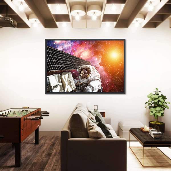 Space Station And Astronaut In Outer Space Over The Planet Earth Canvas Wall Art-3 Horizontal-Gallery Wrap-25" x 16"-Tiaracle