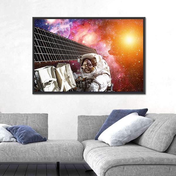 Space Station And Astronaut In Outer Space Over The Planet Earth Canvas Wall Art-3 Horizontal-Gallery Wrap-25" x 16"-Tiaracle