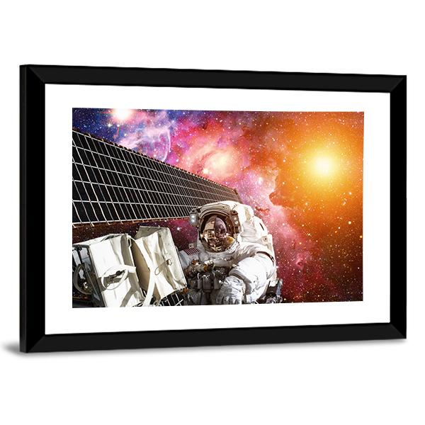 Space Station And Astronaut In Outer Space Over The Planet Earth Canvas Wall Art-3 Horizontal-Gallery Wrap-25" x 16"-Tiaracle