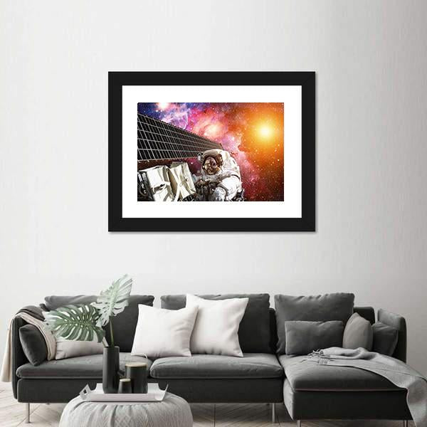 Space Station And Astronaut In Outer Space Over The Planet Earth Canvas Wall Art-3 Horizontal-Gallery Wrap-25" x 16"-Tiaracle