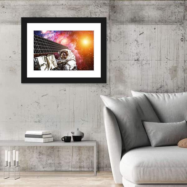 Space Station And Astronaut In Outer Space Over The Planet Earth Canvas Wall Art-3 Horizontal-Gallery Wrap-25" x 16"-Tiaracle