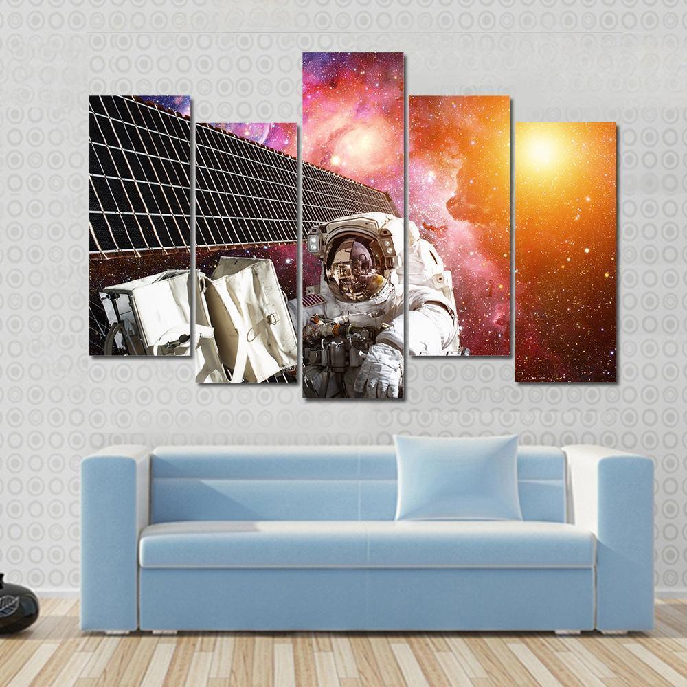 Space Station And Astronaut In Outer Space Over The Planet Earth Canvas Wall Art-5 Pop-Gallery Wrap-47" x 32"-Tiaracle