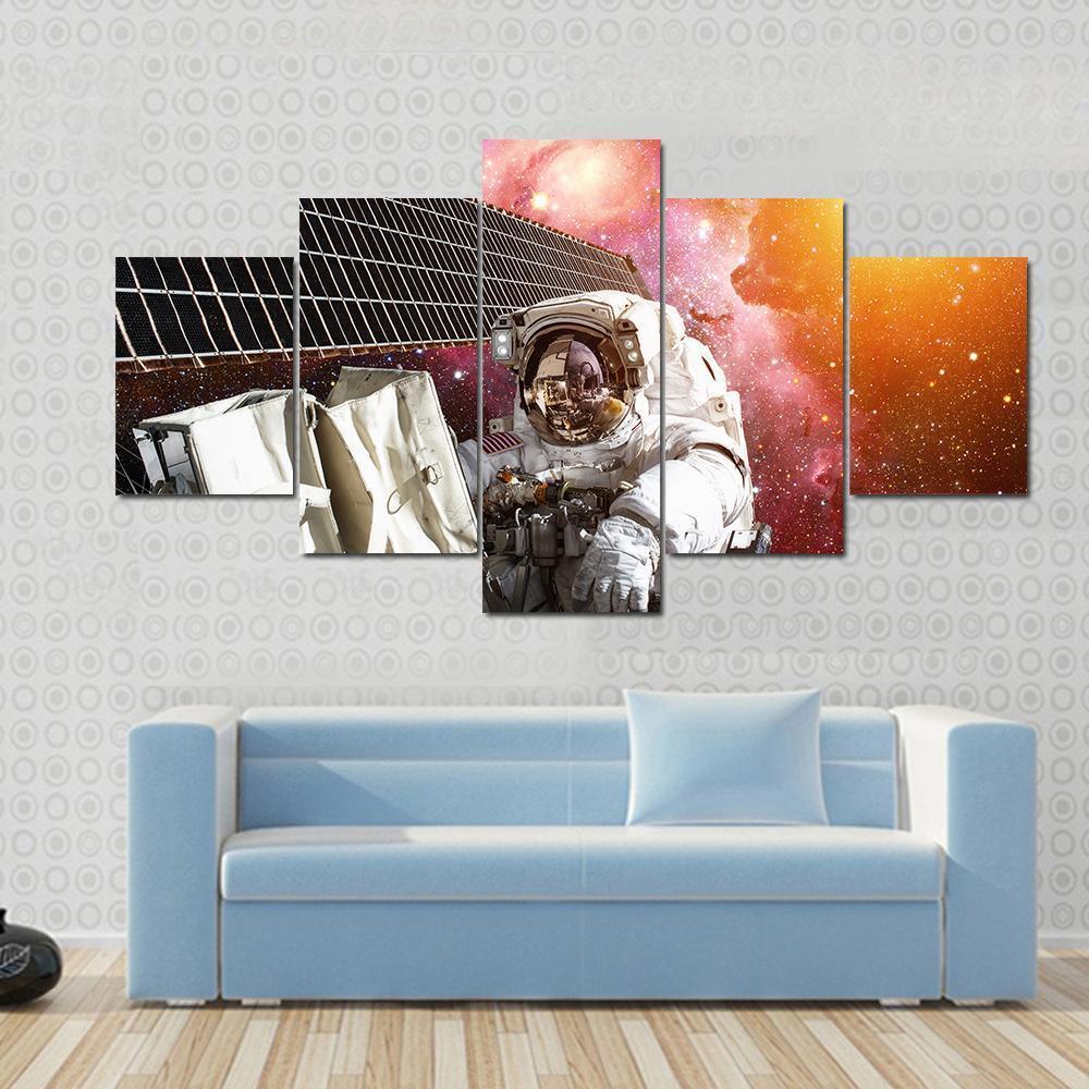 Space Station And Astronaut In Outer Space Over The Planet Earth Canvas Wall Art-5 Star-Gallery Wrap-62" x 32"-Tiaracle