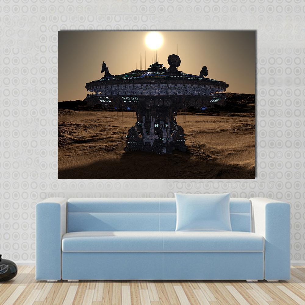 Massive Alien Spacecraft at Desert Sunset Canvas Wall Art in black, brown and orange, single panel hung on a wall