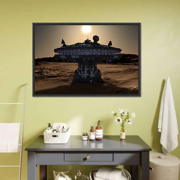 Space Station Canvas Wall Art in gray, brown and yellow, framed canvas, product view on a white background