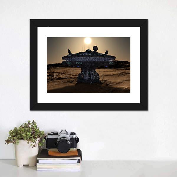 Space Station Canvas Wall Art in gray, brown and yellow, framed print, product view on a white background