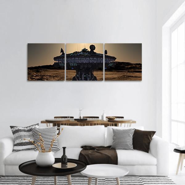 Futuristic Space Station Over Desert Base Panoramic Canvas Wall Art in black, beige and brown, hung on a wall