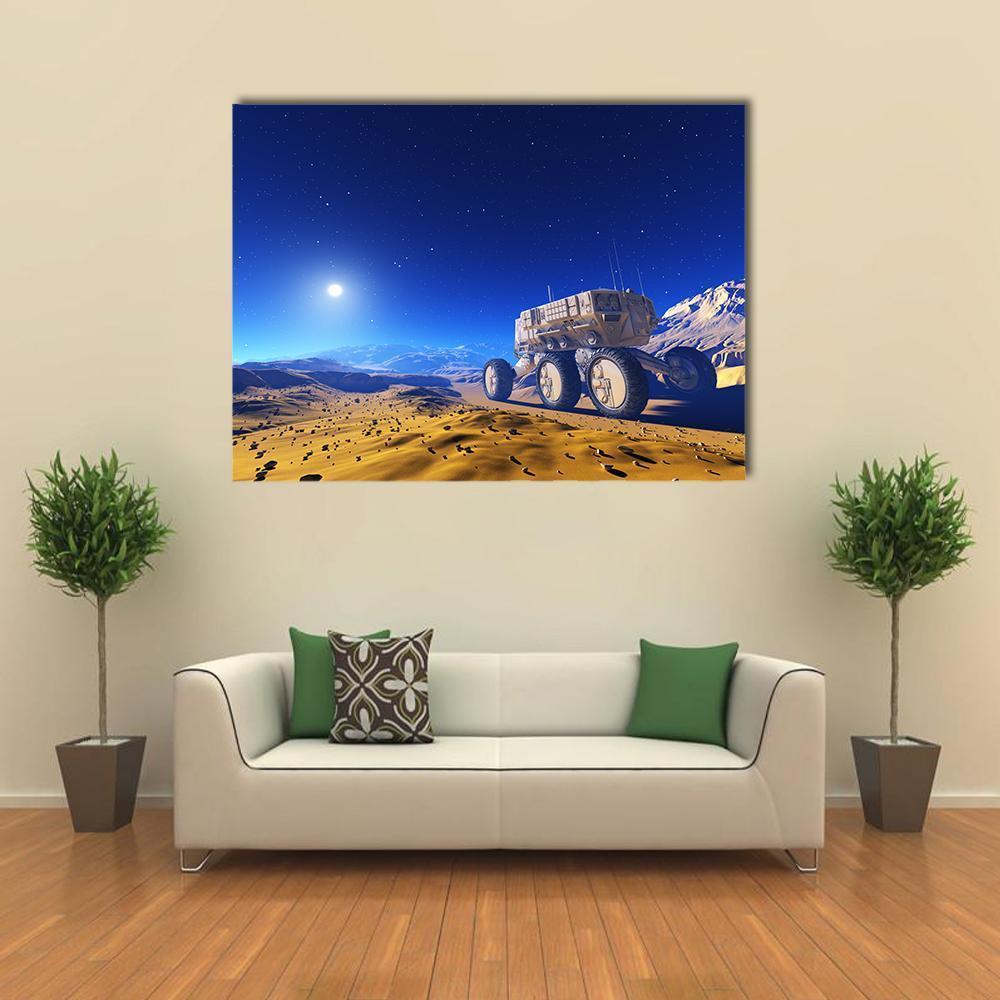 Rover on Alien Moon Dunes Canvas Wall Art in orange, yellow and blue, single panel hung on a wall