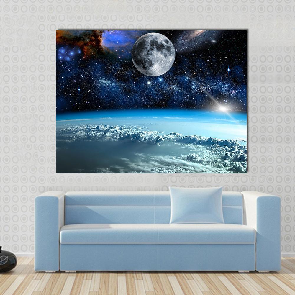 Space View from Earth Canvas Wall Art in black, white and blue, single panel hung on a wall