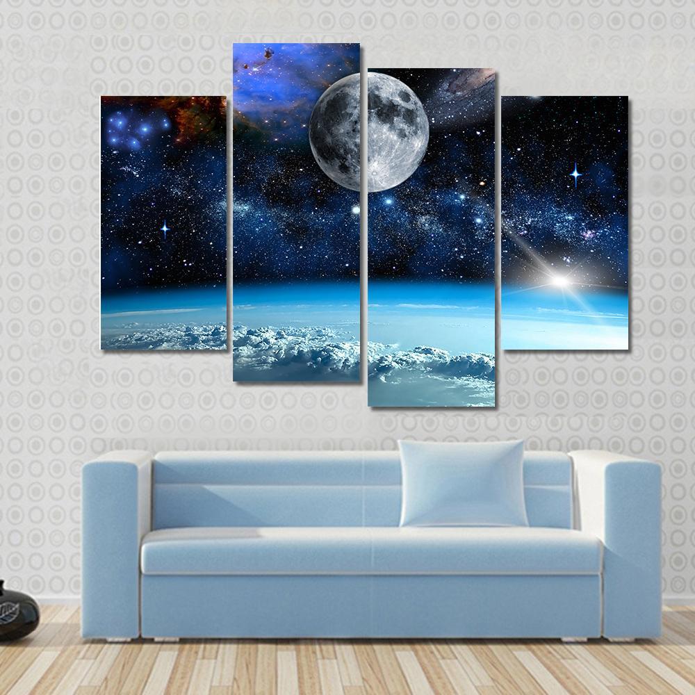 Space View from Earth Canvas Wall Art in black, white and blue, 4 panel Pop layout hung on a wall