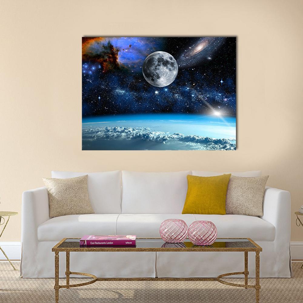 Earth Horizon with Moon and Nebula Canvas Wall Art in black, white and blue, single panel hung on a wall