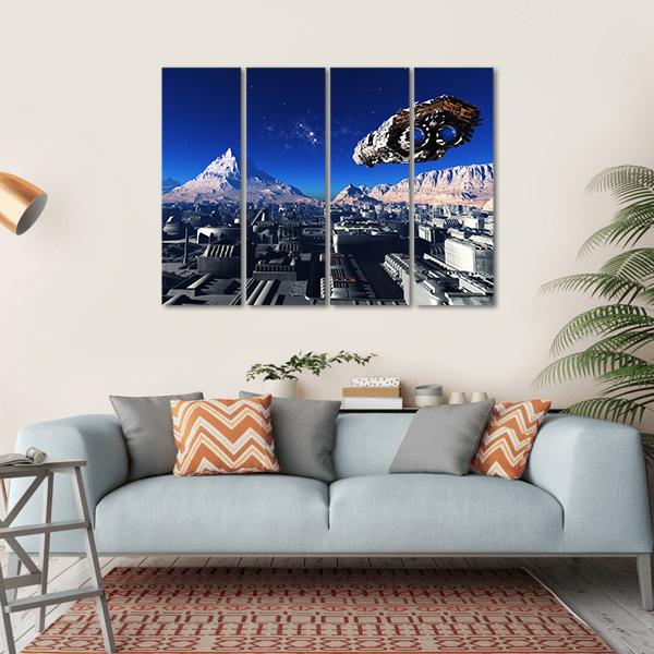 Spacecraft And City On The Planet Canvas Wall Art-4 Horizontal-Gallery Wrap-34" x 24"-Tiaracle
