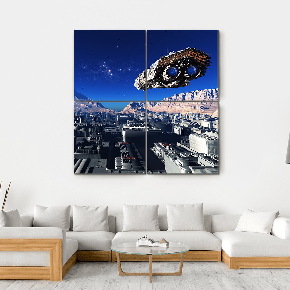 Spacecraft And City On The Planet Canvas Wall Art-4 Square-Gallery Wrap-17" x 17"-Tiaracle