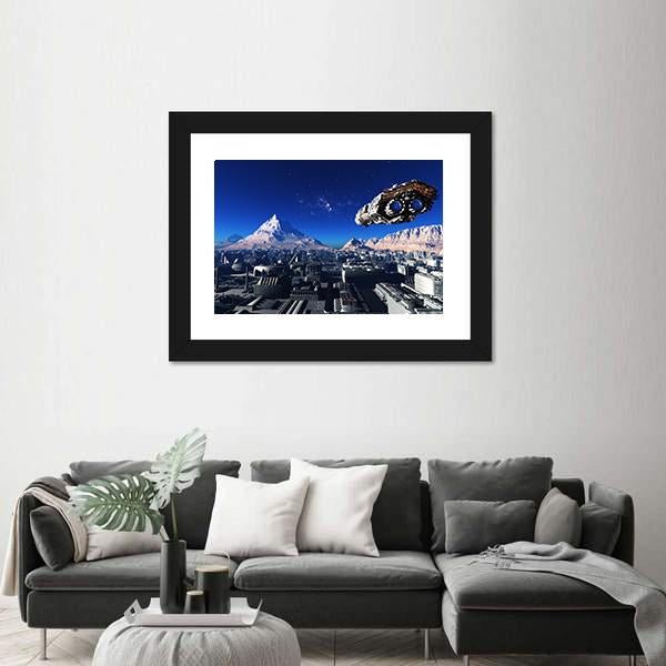 Spacecraft And City On The Planet Canvas Wall Art-3 Horizontal-Gallery Wrap-25" x 16"-Tiaracle