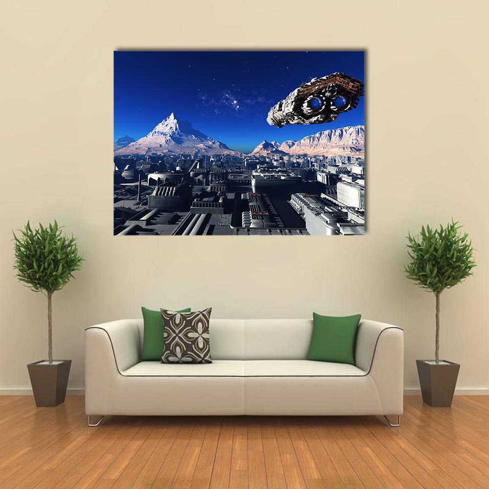 Alien Spacecraft Over Futuristic City Canvas Wall Art in gray, brown and blue, single panel hung on a wall