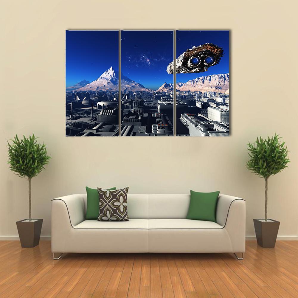 Spacecraft And City On The Planet Canvas Wall Art-3 Horizontal-Gallery Wrap-37" x 24"-Tiaracle