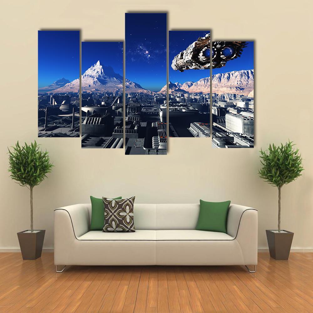 Spacecraft And City On The Planet Canvas Wall Art-5 Pop-Gallery Wrap-47" x 32"-Tiaracle