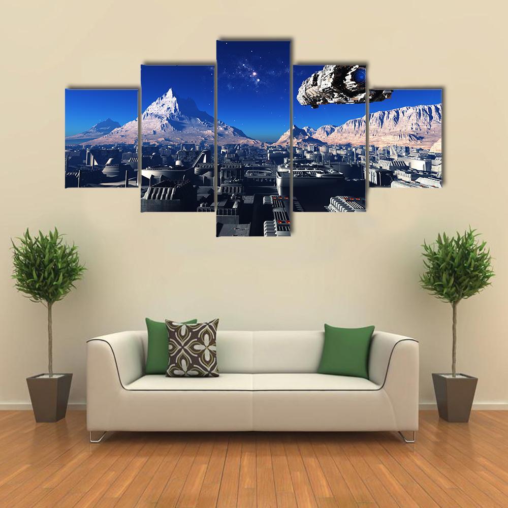 Spacecraft And City On The Planet Canvas Wall Art-5 Star-Gallery Wrap-62" x 32"-Tiaracle