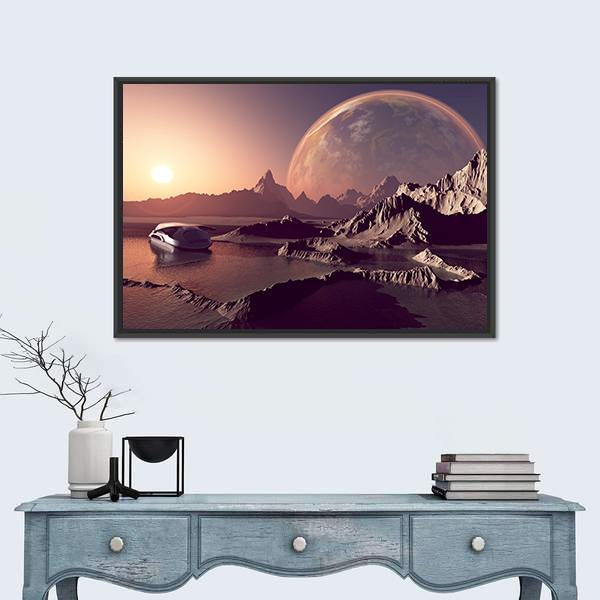 Spacecraft Over the Alien Planet Canvas Wall Art in brown, orange and purple, framed canvas, product view on a white background