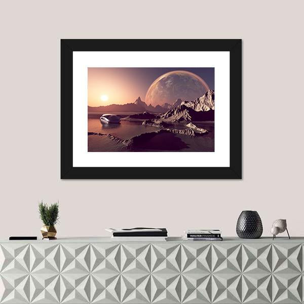 Spacecraft Over the Alien Planet Canvas Wall Art in brown, orange and purple, framed print, product view on a white background