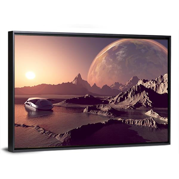 Spacecraft Over The Mountainous Alien Planet Canvas Wall Art-3 Horizontal-Gallery Wrap-25" x 16"-Tiaracle