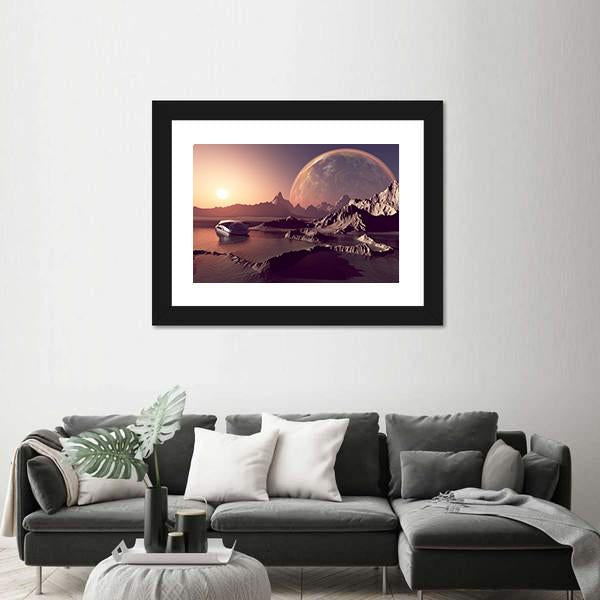 Spacecraft Over The Mountainous Alien Planet Canvas Wall Art-3 Horizontal-Gallery Wrap-25" x 16"-Tiaracle