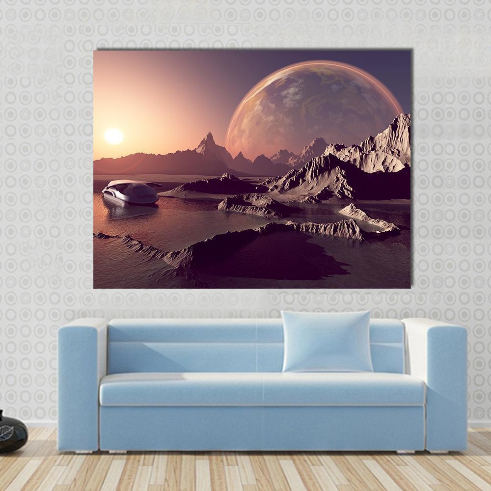 Spacecraft Over the Alien Planet Canvas Wall Art in brown, orange and purple, single panel hung on a wall
