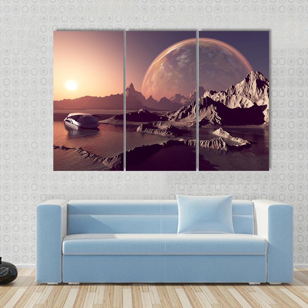 Spacecraft Over The Mountainous Alien Planet Canvas Wall Art-3 Horizontal-Gallery Wrap-37" x 24"-Tiaracle