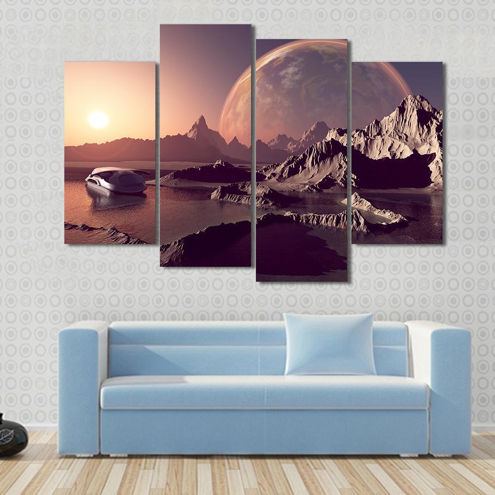 Spacecraft Over The Mountainous Alien Planet Canvas Wall Art-4 Pop-Gallery Wrap-50" x 32"-Tiaracle