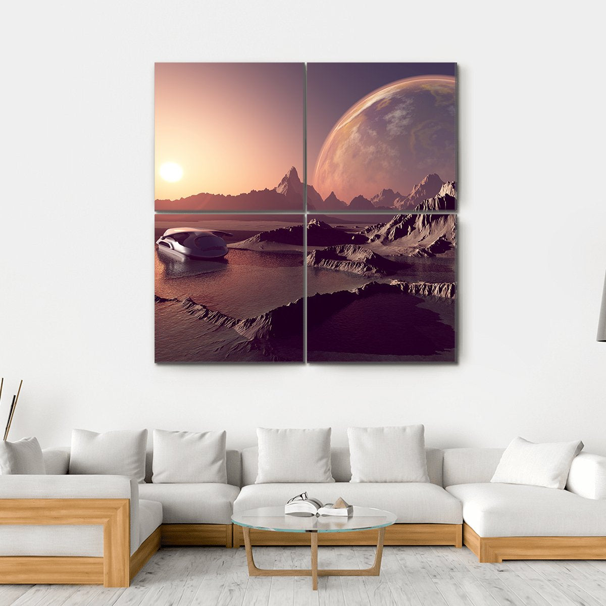 Spacecraft Over The Mountainous Terrain Of The Planet Canvas Wall Art-4 Square-Gallery Wrap-17" x 17"-Tiaracle