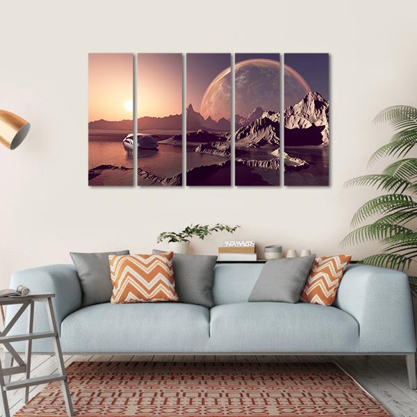 Spacecraft Over The Mountainous Terrain Of The Planet Canvas Wall Art-5 Horizontal-Gallery Wrap-22" x 12"-Tiaracle