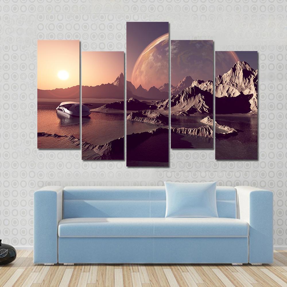 Spacecraft Over The Mountainous Alien Planet Canvas Wall Art-5 Pop-Gallery Wrap-47" x 32"-Tiaracle